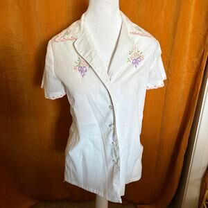 Vintage Embroidered Scalloped Collar Short Sleeve Blouse Cottagecore Pink Bow